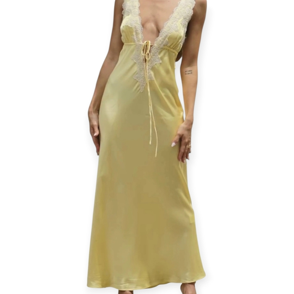 RUMORED Venice Maxi Satin Slip Dress Yellow Lace Trim Sleeveless Deep V Women M